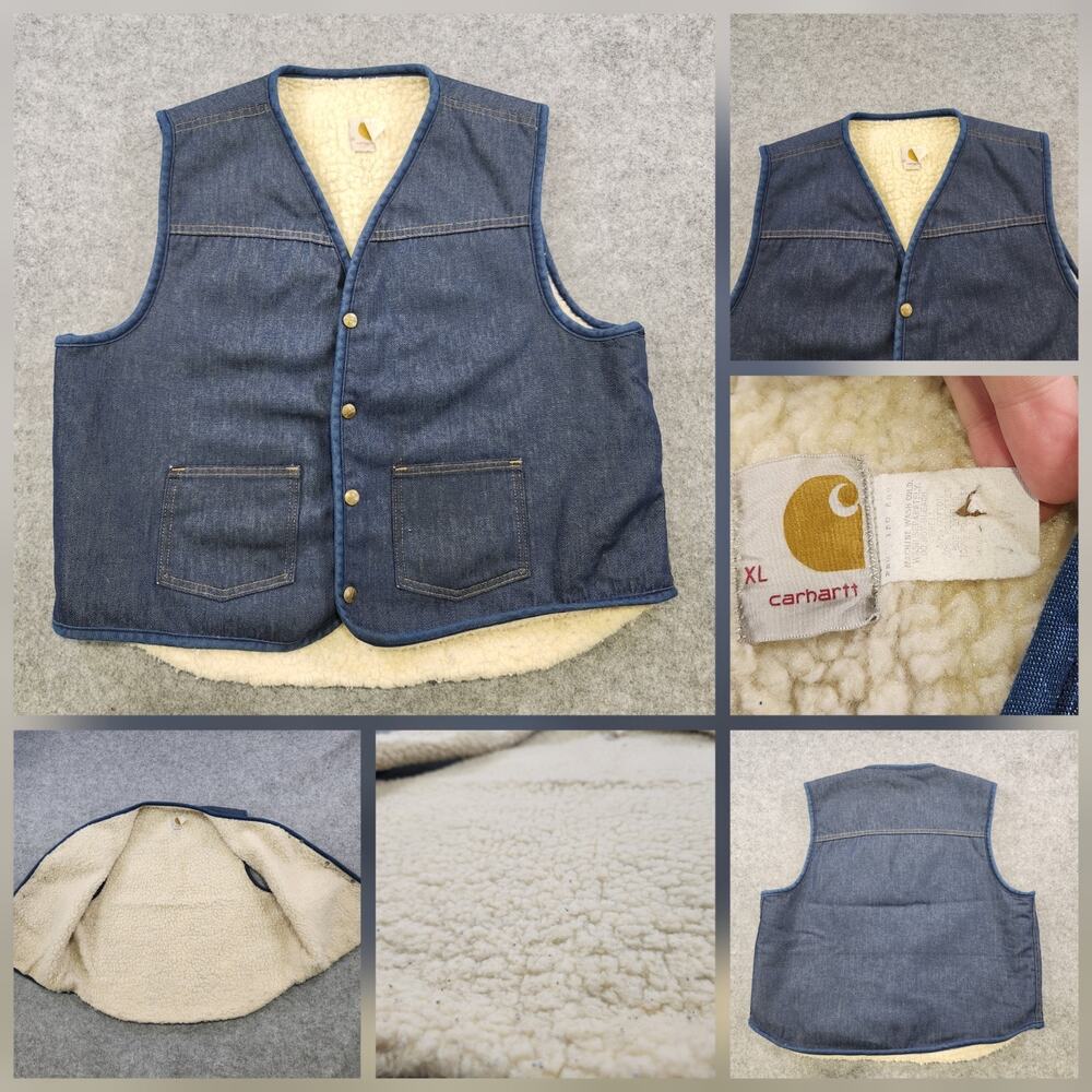 VTG 80s Carhartt Denim Jean Vest Mens XL Blue Sherpa‎ Lined Workwear USA 8SV